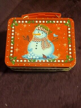 Vintage Mini Collectable Snowman Lunchbox - Red with Hat and Checkered Scarf